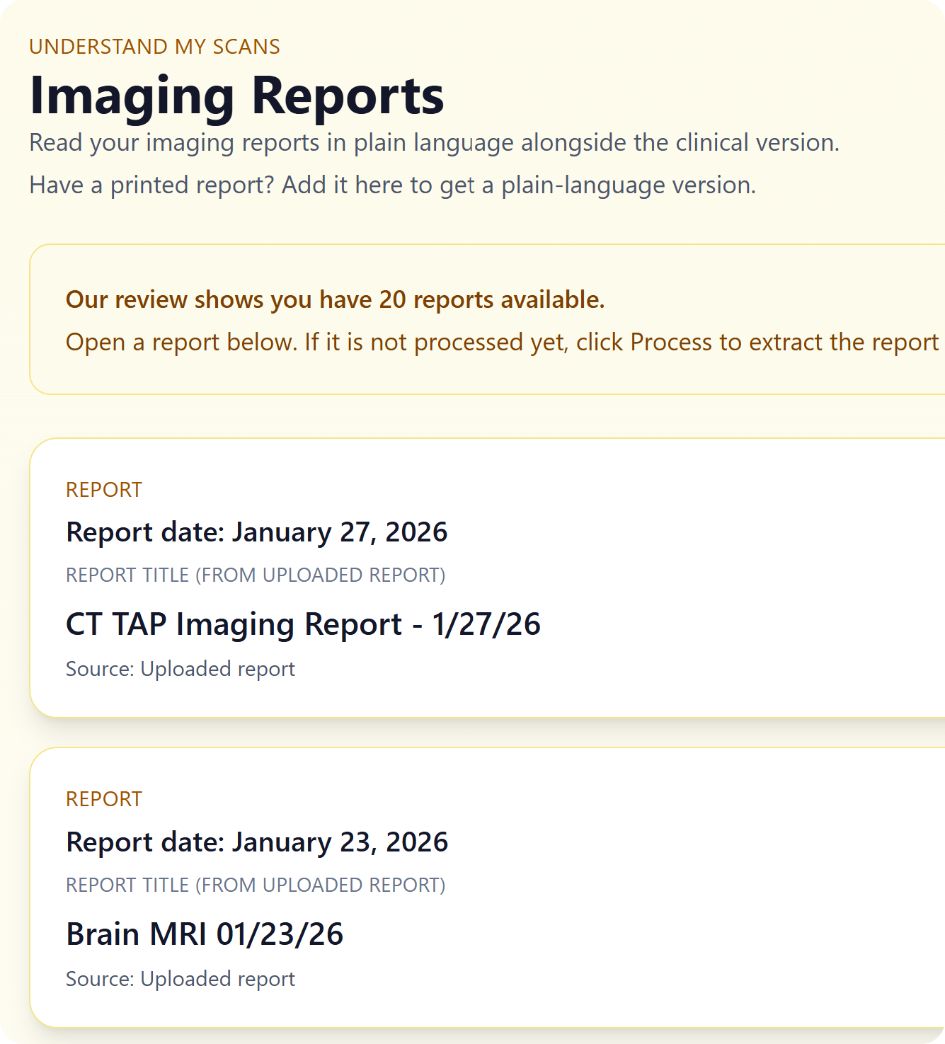 Imaging report list from VisitVizor