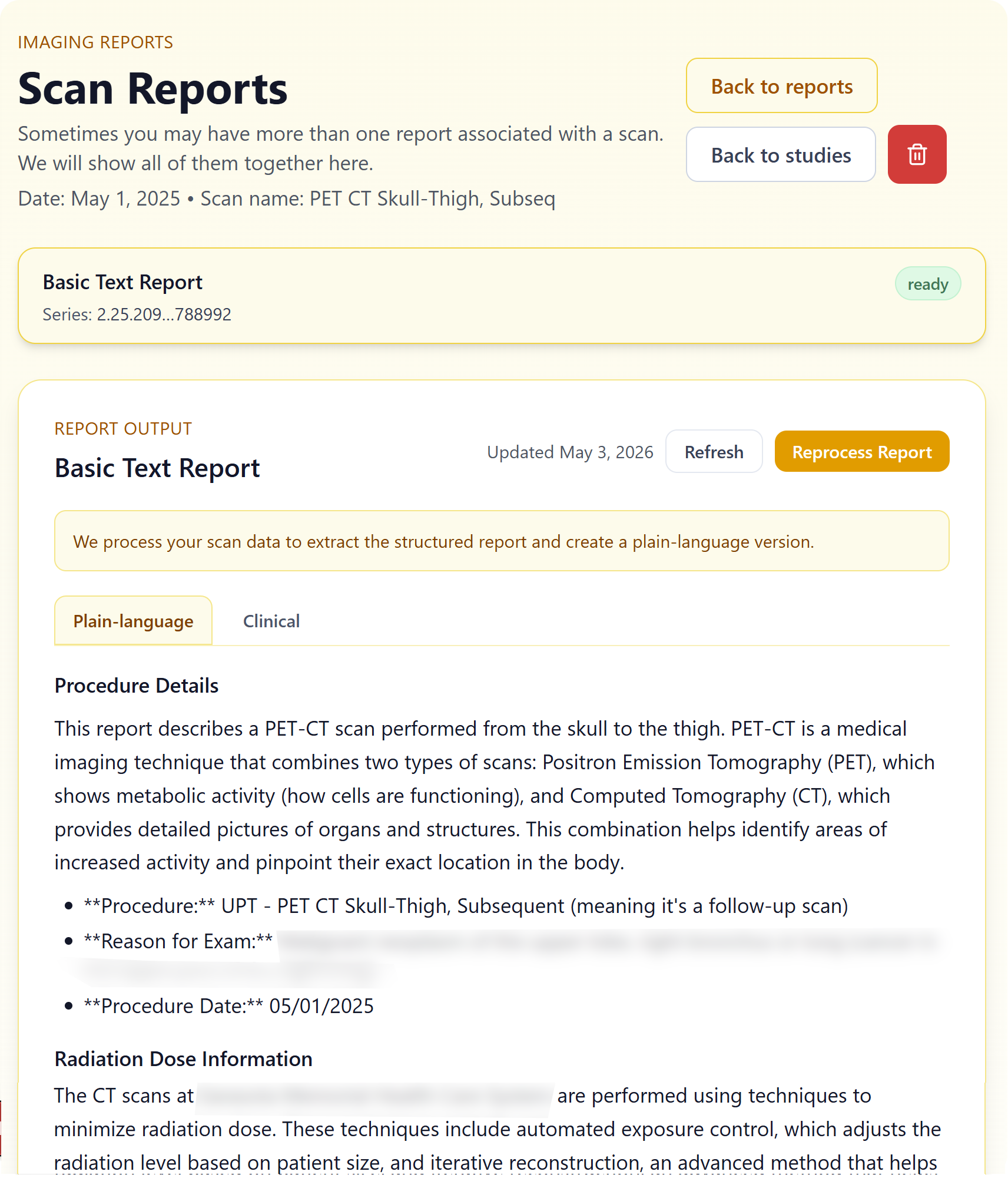 Patient-ready report output with clinical tab preserved