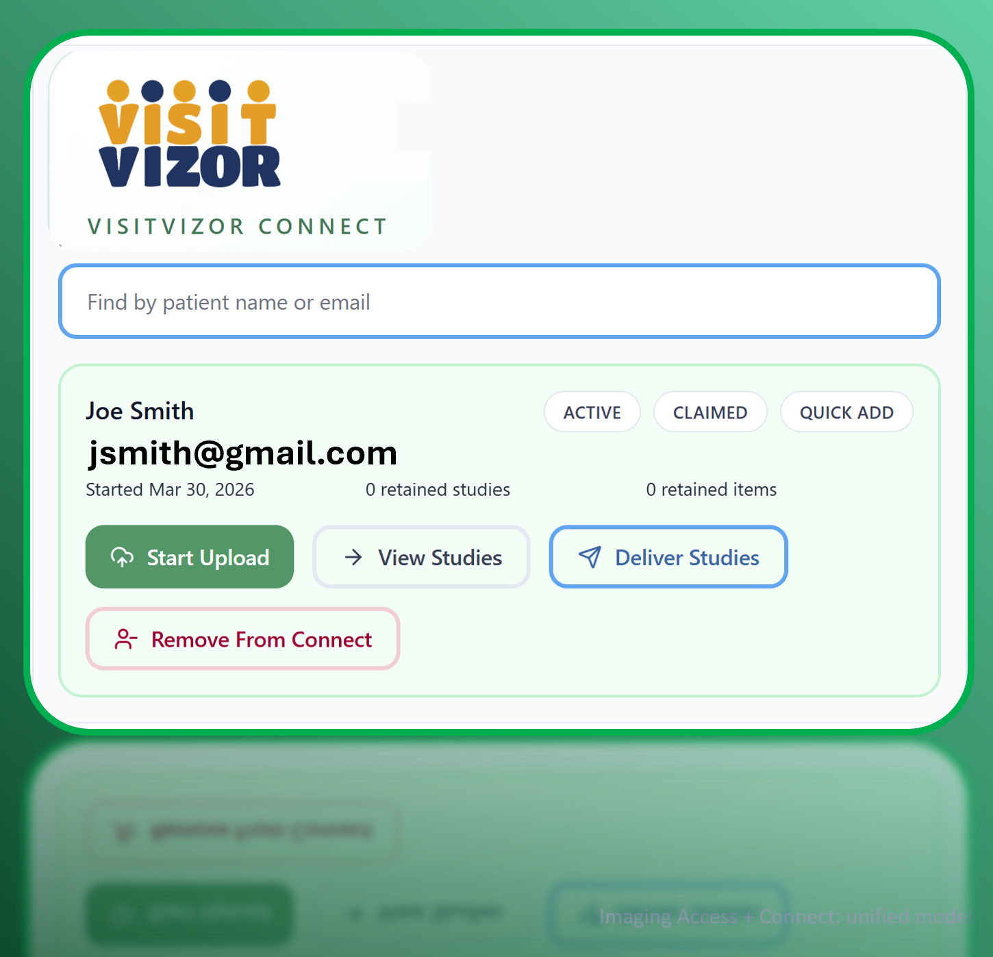 VisitVizor Connect imaging center patient lookup and upload actions